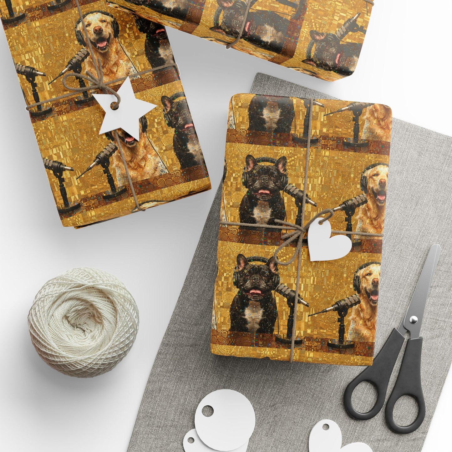 Goldie & Frenchie Klimt Inspired Wrapping Paper Roll — Colorful Gold - Dog Inspired Gift Wrap
