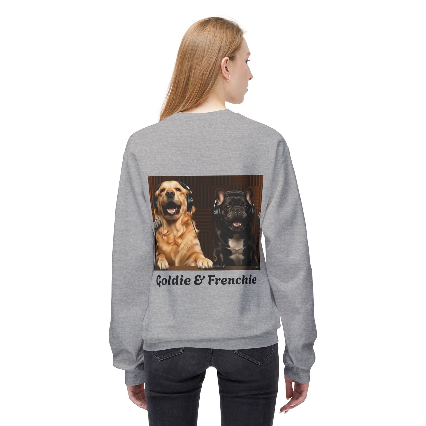 Goldie & Frenchie Laughing Behind Your Back Softstyle Crewneck with DogPack Logo