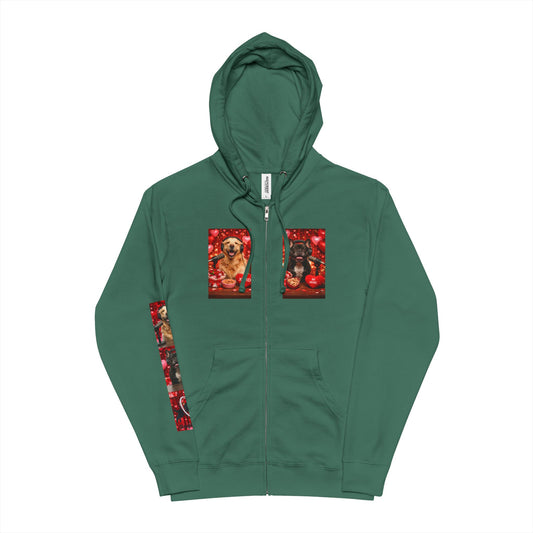 Goldie & Frenchie Valentines Day Zip-Up Hoodie — Front and Back with design on right sleeve