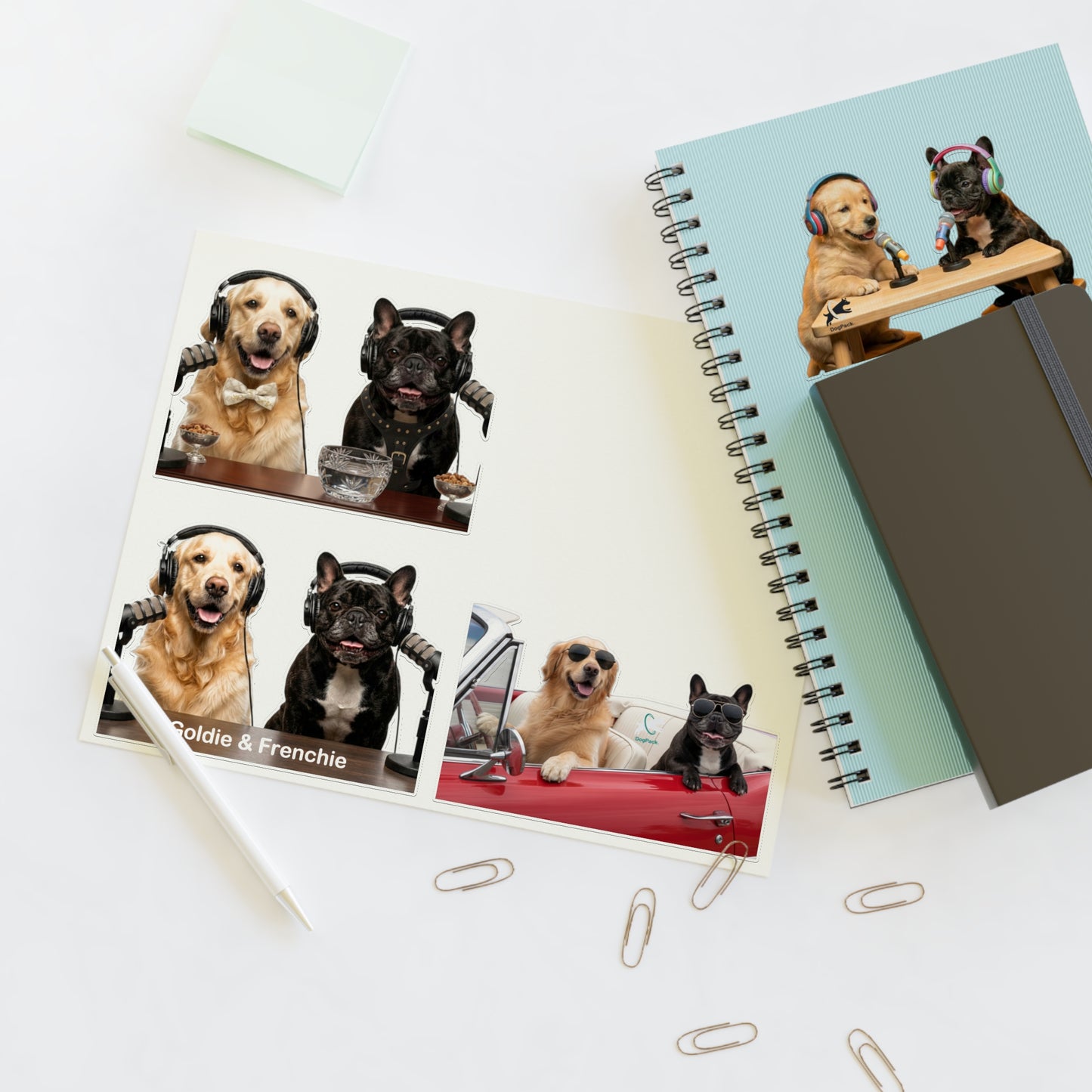 Goldie & Frenchie — Sheet of 4 Popular Stickers , Fancy, Puppies, Classic, Driving