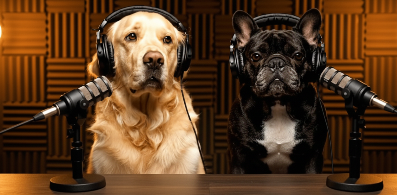 Goldie and Frenchie in Podcast room
